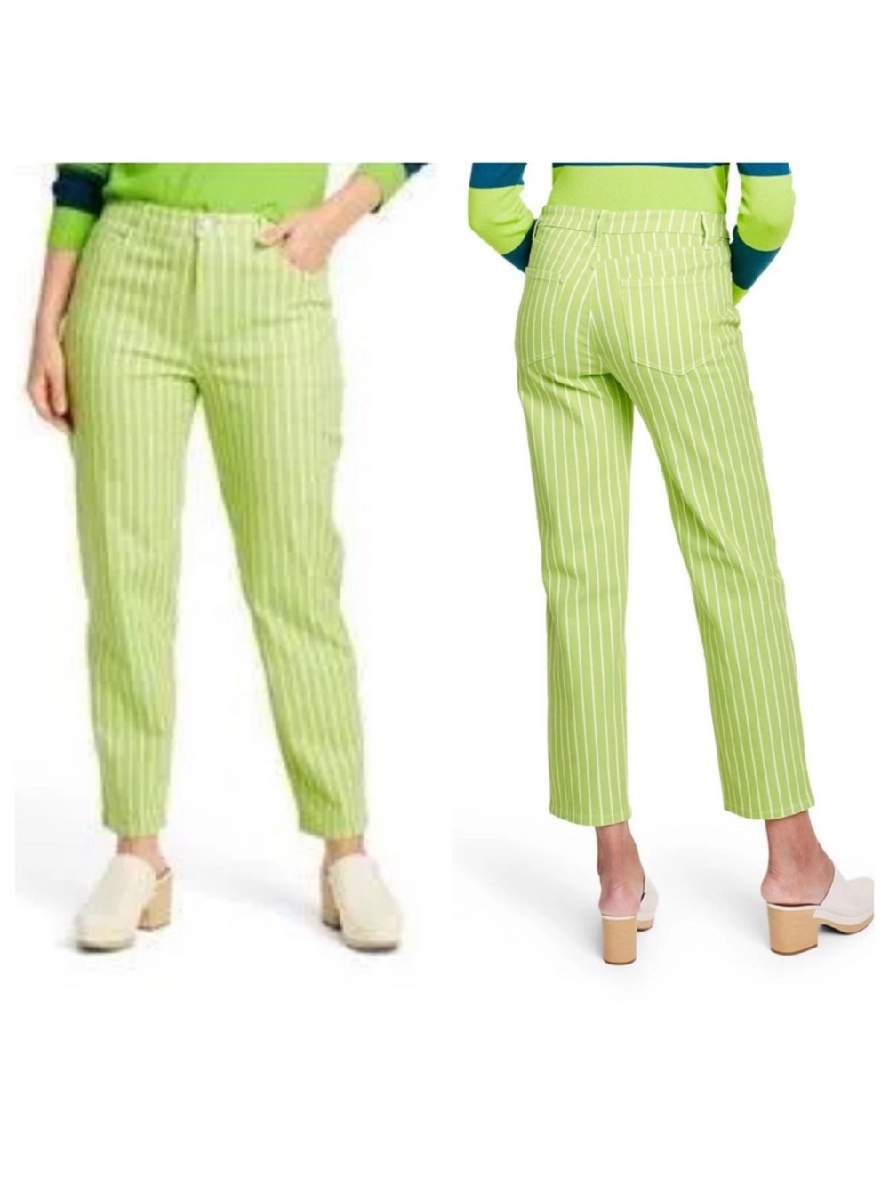 Victor Glemaud Jeans Women's Lime Green Striped High Rise Straight Leg Pants